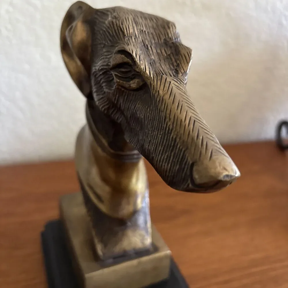 Vintage Brass Greyhound Bust Sculpture Wood Base Whippet Dog Bookend 8”